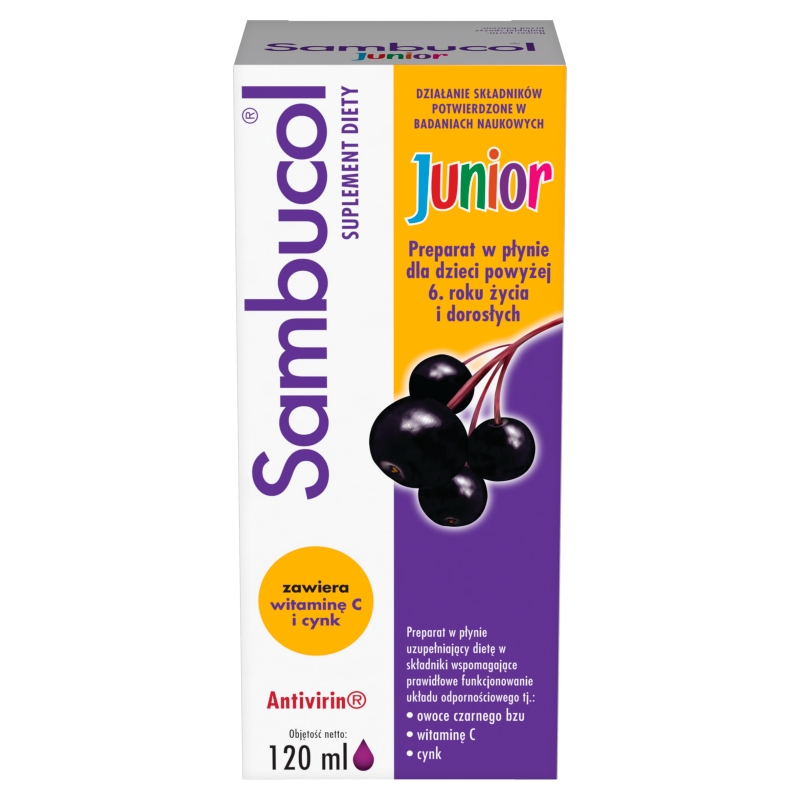 Sambucol Junior, płyn ze składnikami wspomagającymi układ odpornościowy, 120 ml
