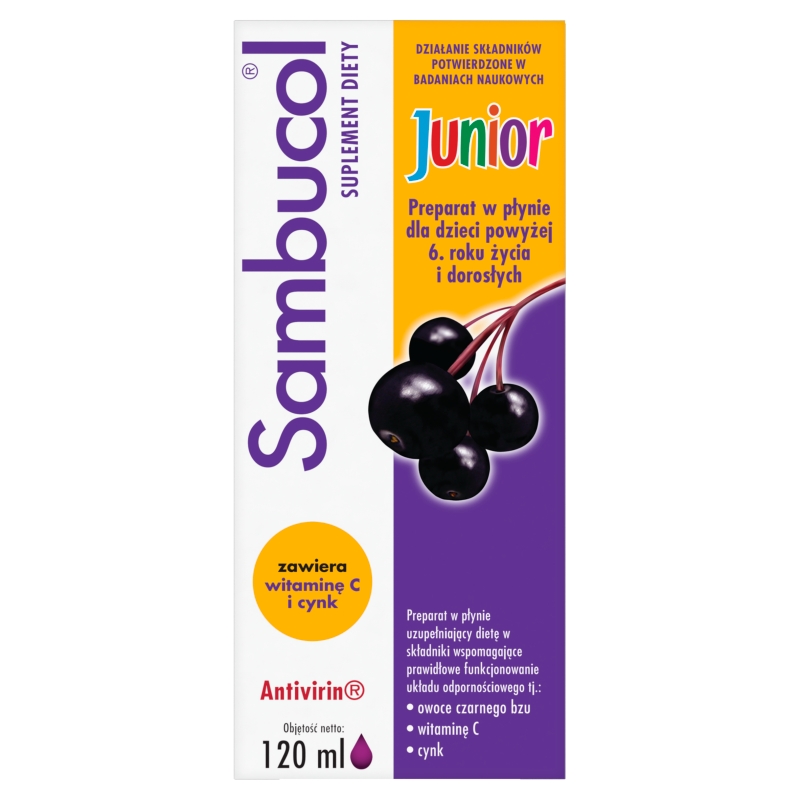 Sambucol Junior, płyn ze składnikami wspomagającymi układ odpornościowy, 120 ml