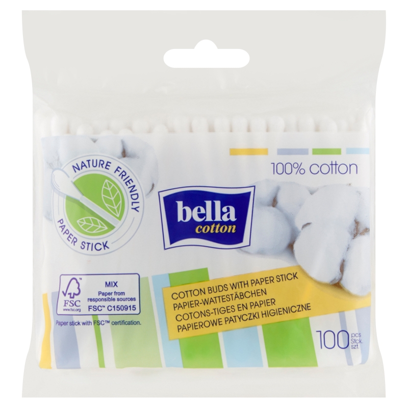 Bella Cotton Patyczki higieniczne bawełniane do czyszczenia małżowiny usznej i punktowego nakładania kosmetyków, 100 szt.