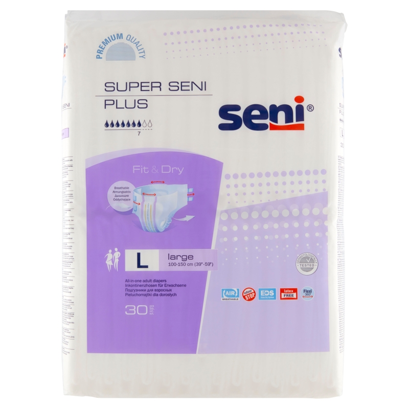 Seni Super Plus, pieluchomajtki rozmiar L (100-150 cm), 30 szt.