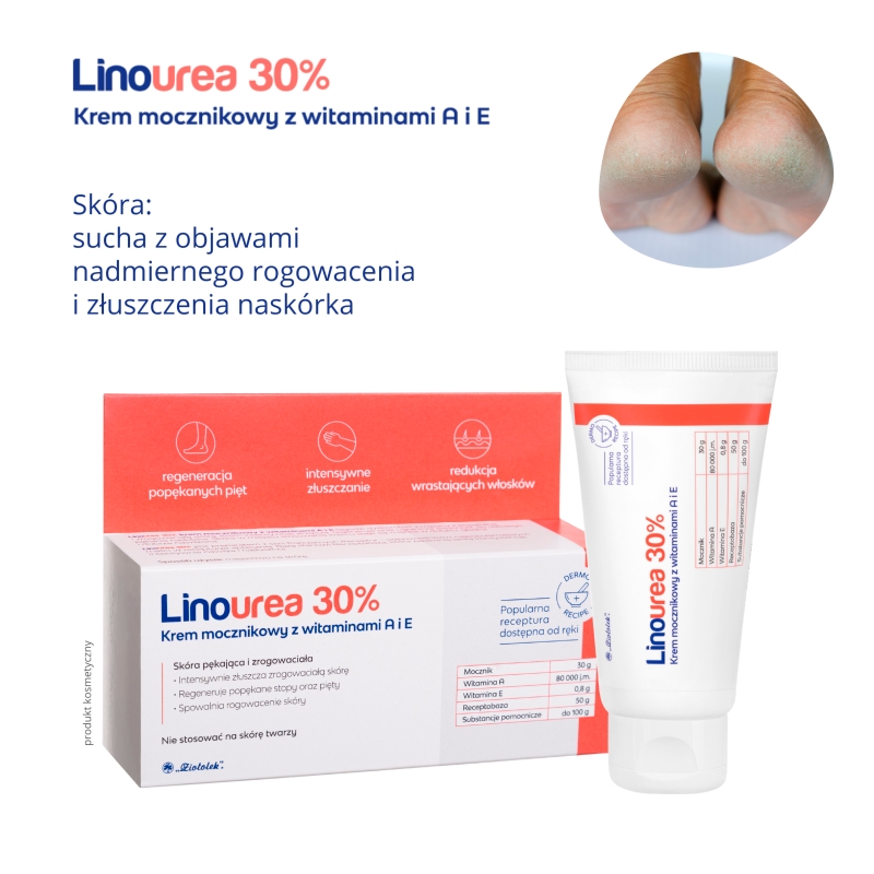 Linourea 30% Krem mocznikowy z wit. A i E , regenerujący popękane pięty, 50 g KRÓTKA DATA 31.08.2026