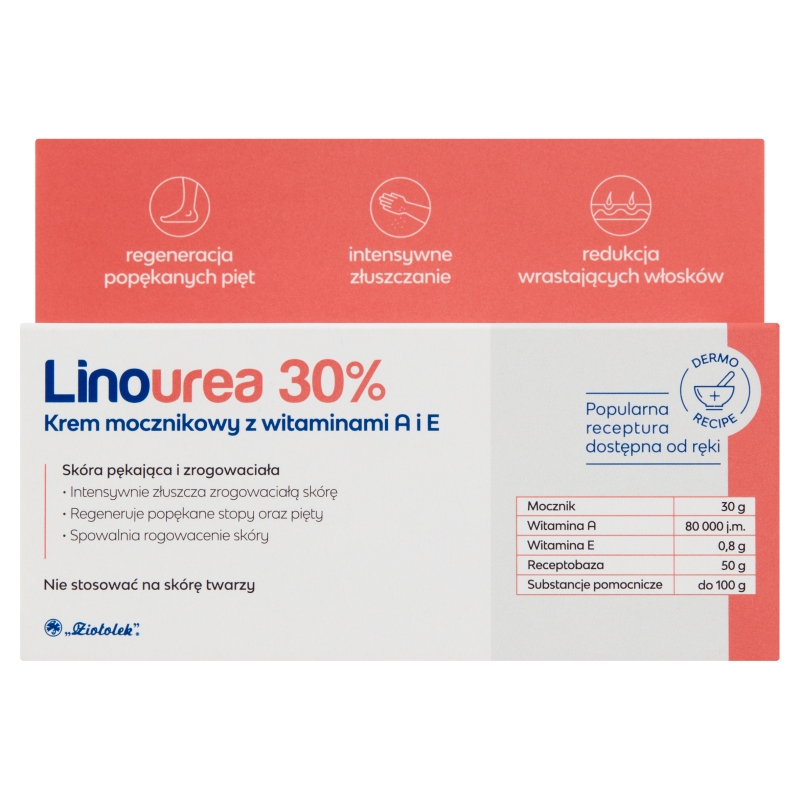 Linourea 30% Krem mocznikowy z wit. A i E  regenerujący popękane pięty, 50 g