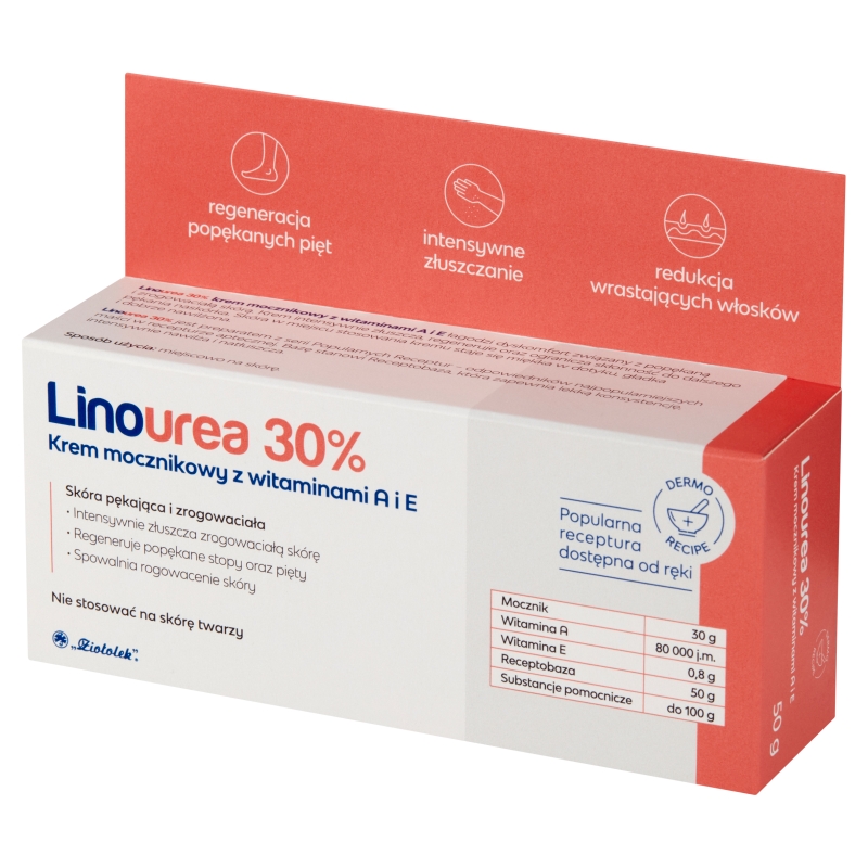 Linourea 30% Krem mocznikowy z wit. A i E , regenerujący popękane pięty, 50 g KRÓTKA DATA 31.08.2026