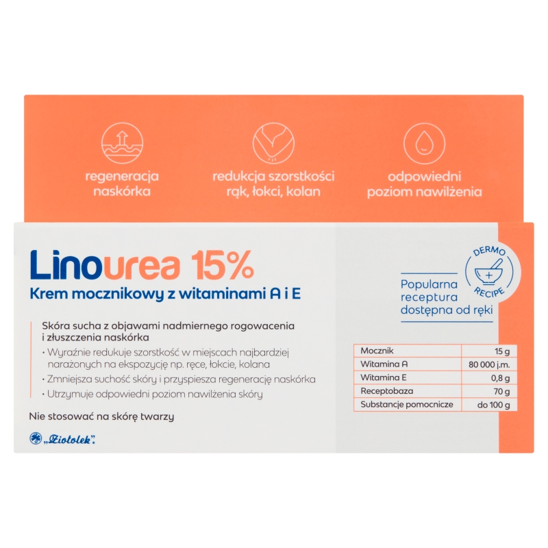 Linourea 15% krem mocznikowy z wit. A i E redukujący szorstkość rąk, łokci i kolan, 50 g