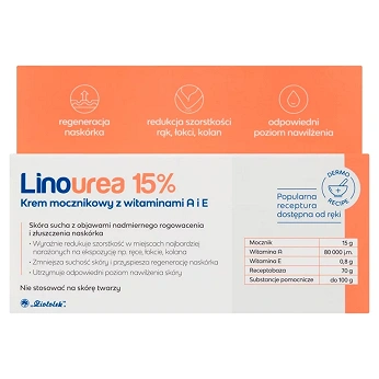 Linourea 15%, krem mocznikowy z wit. A i E redukujący szorstkość rąk, łokci i kolan, 50 g