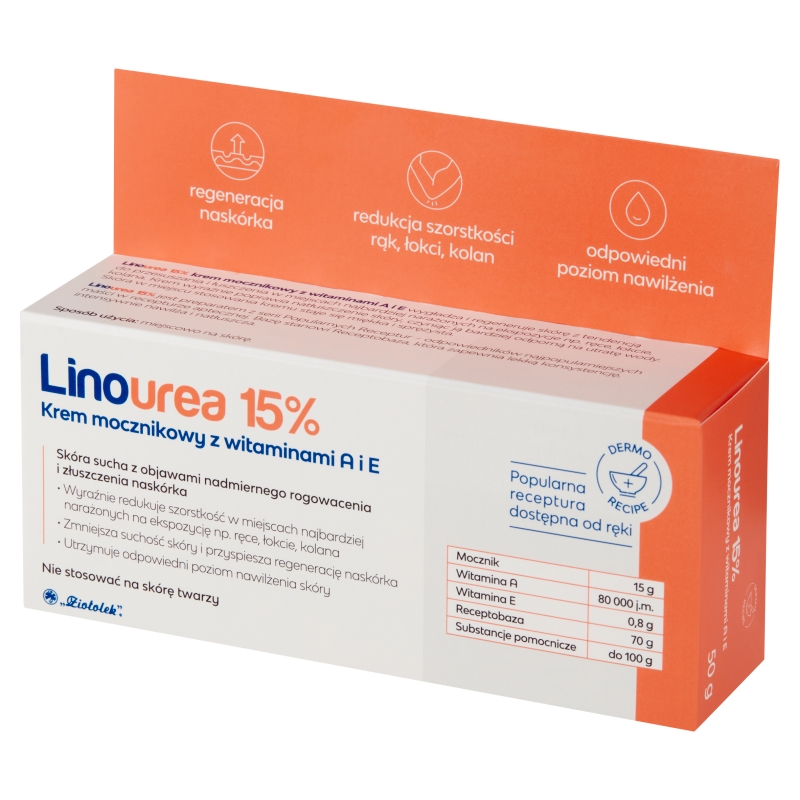 Linourea 15%, krem mocznikowy z wit. A i E redukujący szorstkość rąk, łokci i kolan, 50 g
