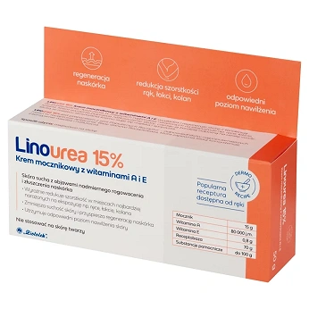 Linourea 15%, krem mocznikowy z wit. A i E redukujący szorstkość rąk, łokci i kolan, 50 g