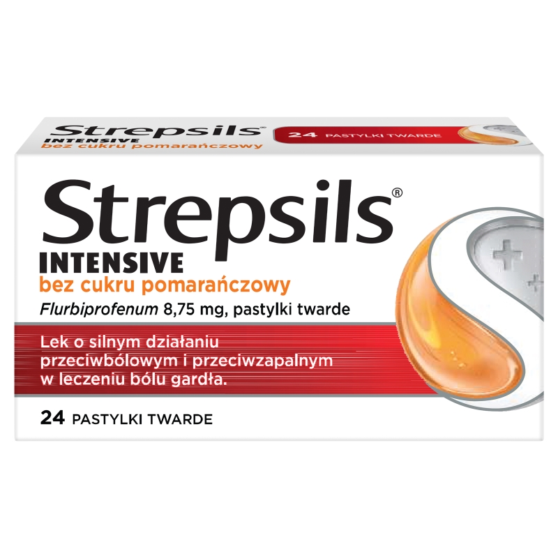 Strepsils Intensive  pastylki na ból gardła o smaku pomarańczowym bez cukru, 24 szt. 