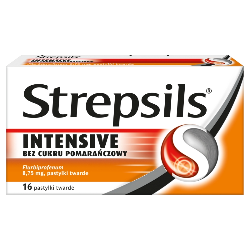 Strepsils Intensive , pastylki na ból gardła o smaku pomarańczowym bez cukru, 16 szt.