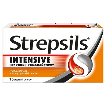 Strepsils Intensive , pastylki na ból gardła o smaku pomarańczowym bez cukru, 16 szt.