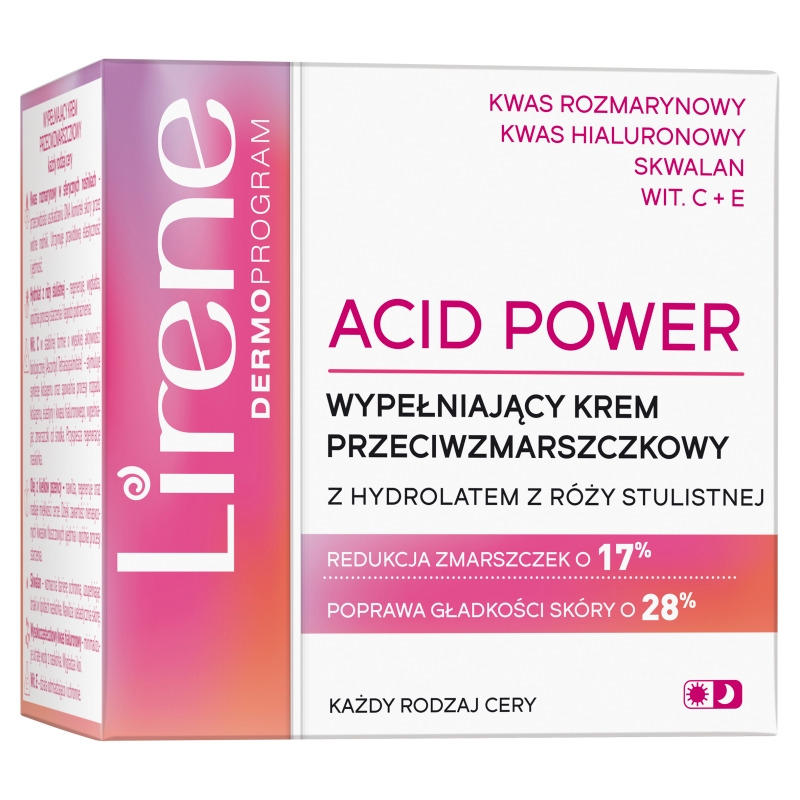 Lirene Acid Power , Wypełniający krem do twarzy przeciwzmarszczkowy Hydrolat z Róży Stulistnej, 50 ml