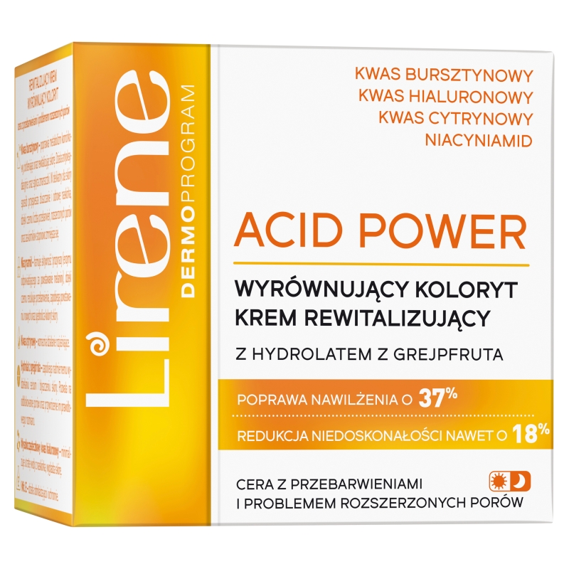 Lirene Acid Power, Wyrównujący koloryt krem do twarzy rewitalizujący Hydrolat z Grejpfruta, 50 ml