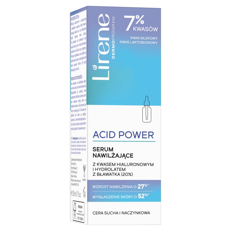 DR IRENA ERIS Lirene Acid Power, Serum nawilżające z kwasem hialuronowym i hydrolatem z bławatka (20%) 30 ml