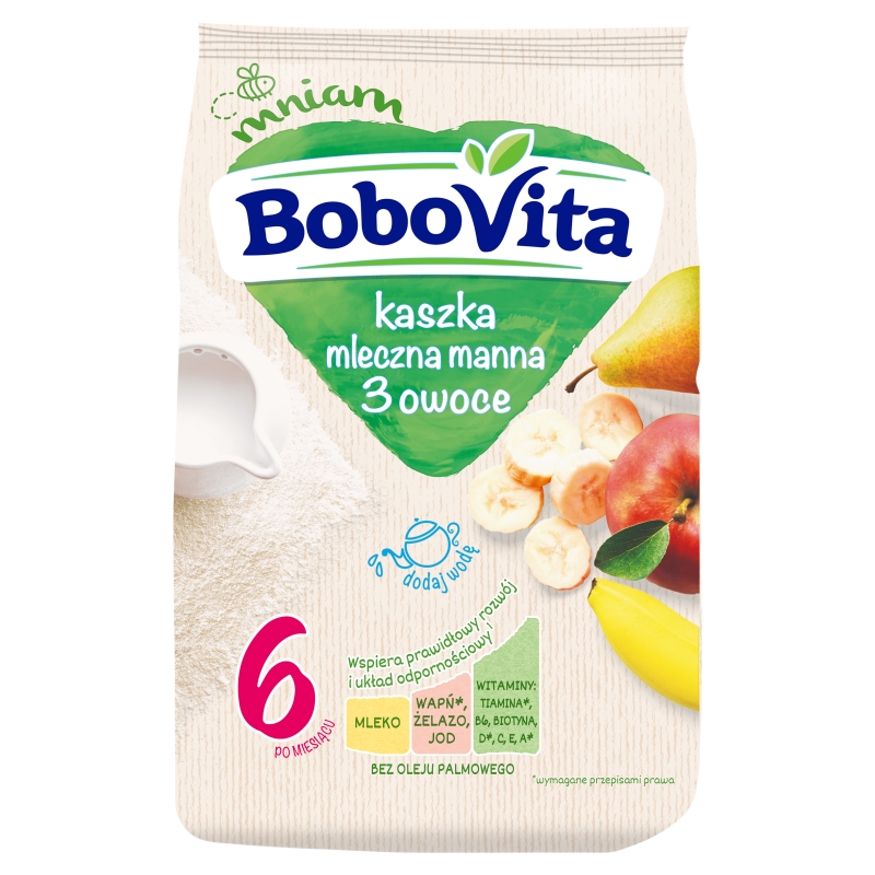 Bobovita, kaszka mleczna manna, 3 owoce, 6m+, 230 g