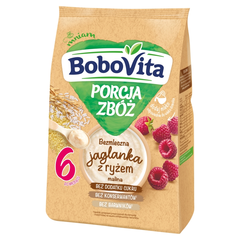 Bobovita Porcja Zbóż, kaszka jaglano-ryżowa, malinowa, bezmleczna, 6 m+, 170 g