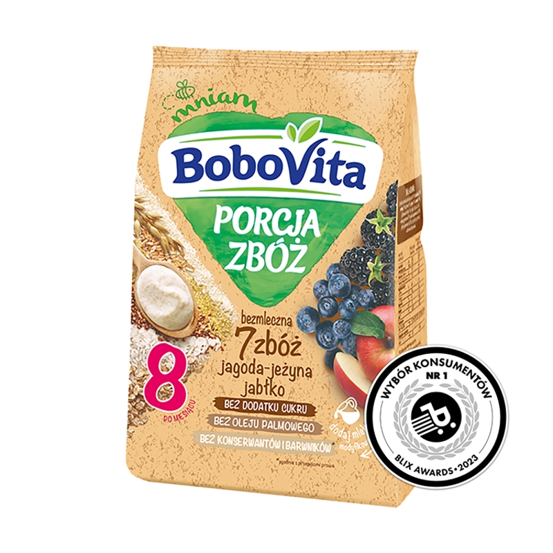 Bobovita Porcja Zbóż, kaszka jagoda-jeżyna-jabłko, 7 zbóż, bezmleczna, 8 m+, 170 g