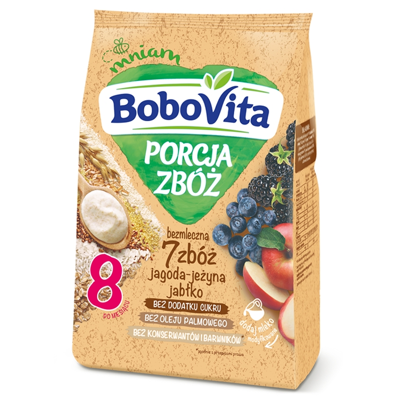 Bobovita Porcja Zbóż, kaszka jagoda-jeżyna-jabłko, 7 zbóż, bezmleczna, 8 m+, 170 g