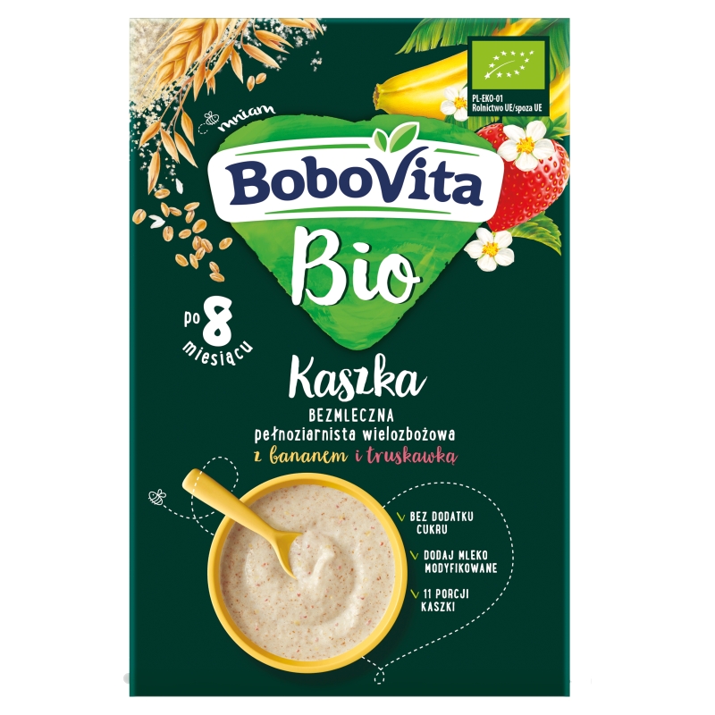 Bobovita Bio, kaszka bezmleczna pełnoziarnista, wielozbożowa z bananem i truskawką, 8m+, 200 g