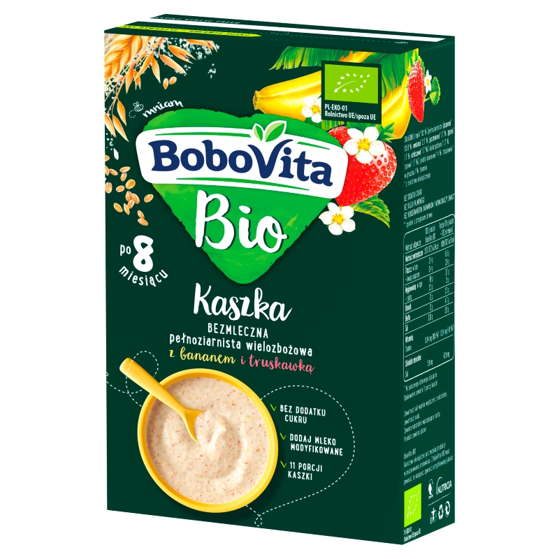 Bobovita Bio, kaszka bezmleczna pełnoziarnista, wielozbożowa z bananem i truskawką, 8m+, 200 g