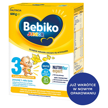 Bebiko Junior 3 NUTRIflor Expert, mleko modyfikowane powyżej 1 roku życia o smaku waniliowym, 600 g