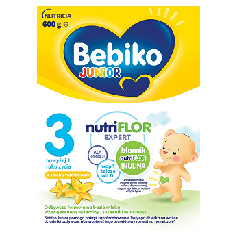 Bebiko Junior 3 NUTRIflor Expert, mleko modyfikowane powyżej 1 roku życia o smaku waniliowym, 600 g
