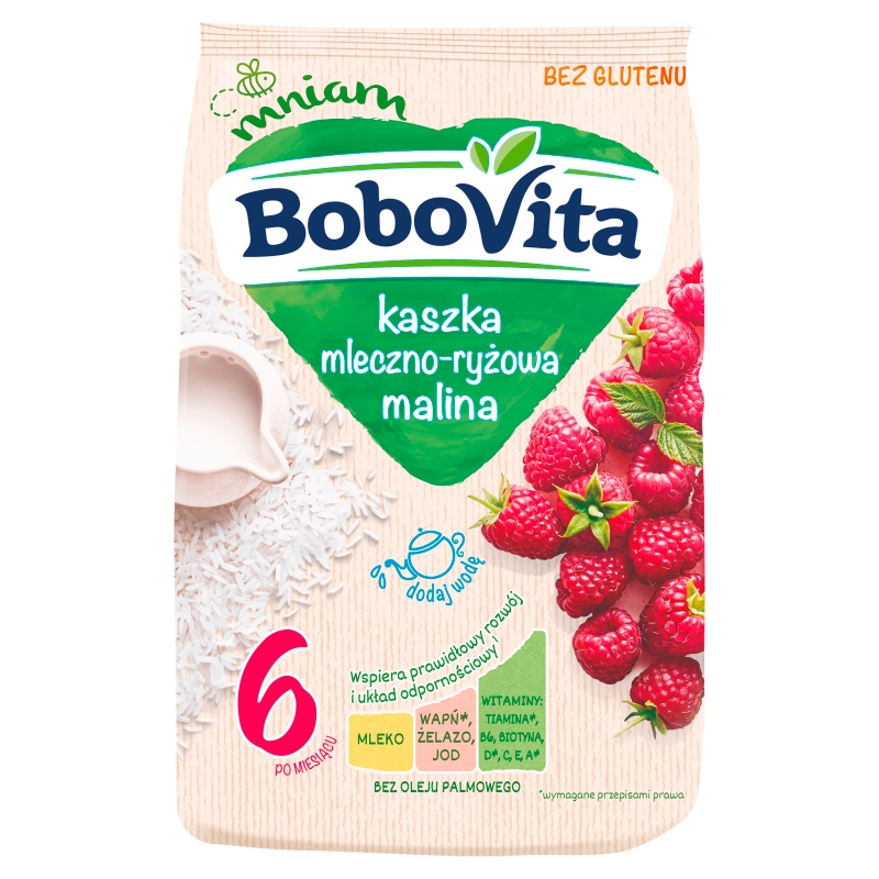 Bobovita, kaszka mleczno-ryżowa, malina, bez glutenu, 4m+, 230 g