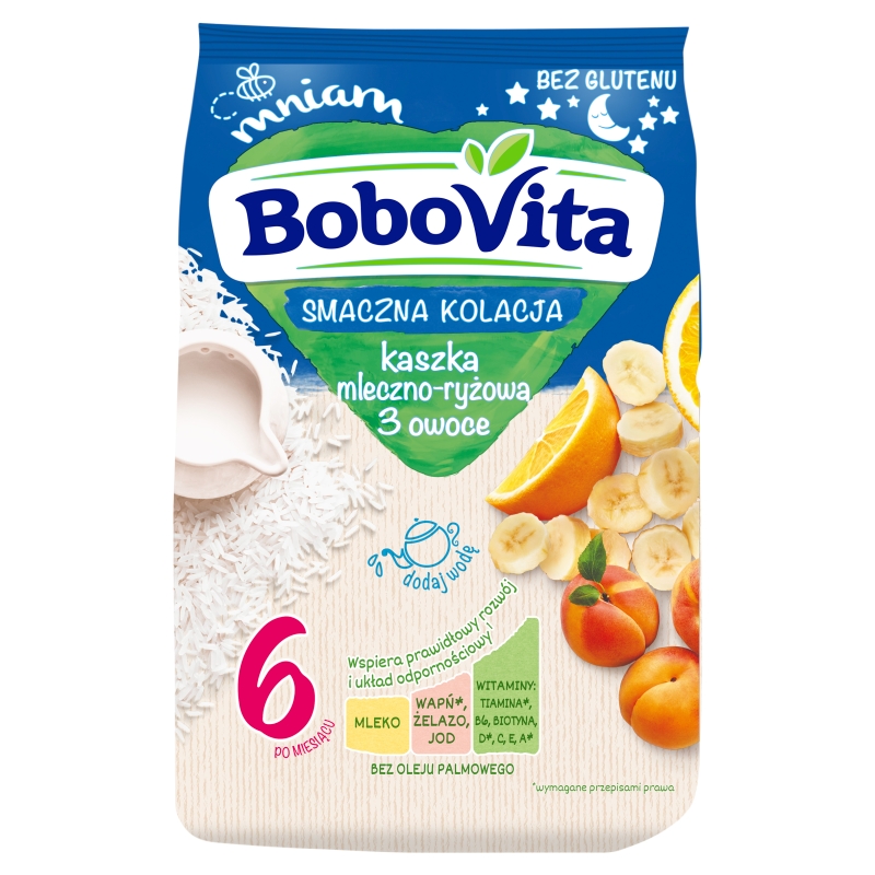 Bobovita Smaczna Kolacja, kaszka mleczno-ryżowa, 3 owoce, bez glutenu, 6m+, 230 g