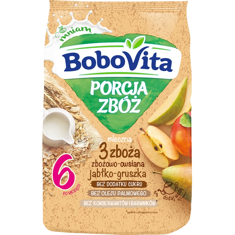 Bobovita Porcja Zbóż, kaszka zbożowo-owsiana, jabłko-gruszka, 3 zboża, mleczna, 6m+, 210 g