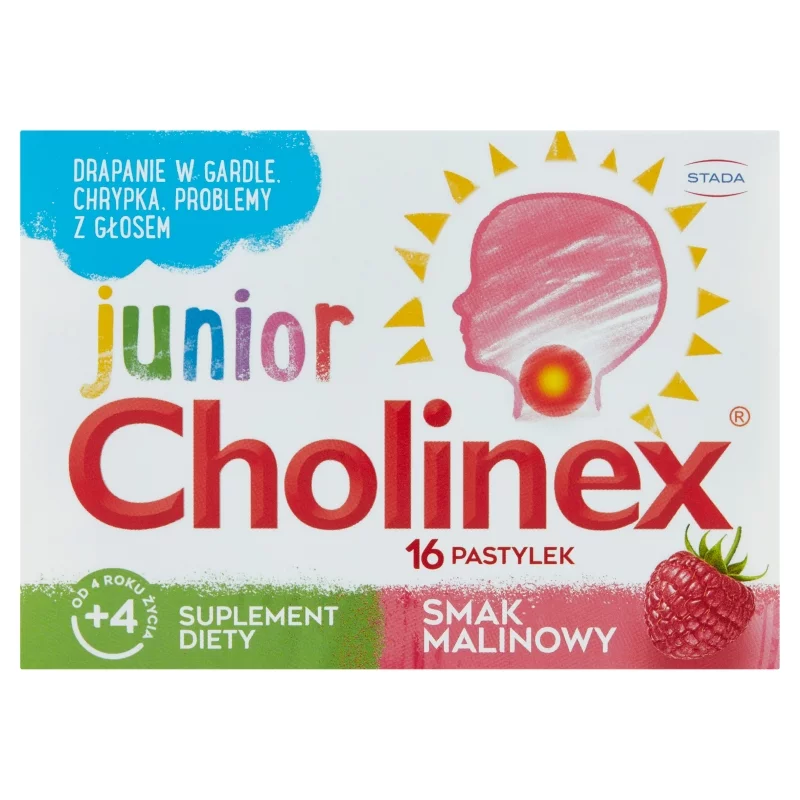 Cholinex Junior, pastylki do ssania ze składnikami na drapanie i suchość gardła dla dzieci o smaku malinowym, 16 szt.