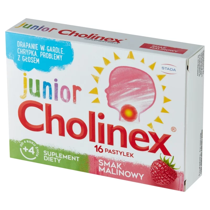 Cholinex Junior, pastylki do ssania ze składnikami na drapanie i suchość gardła dla dzieci o smaku malinowym, 16 szt.