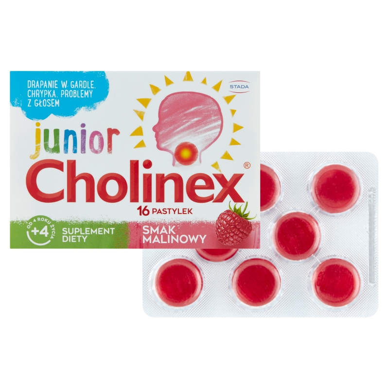 Cholinex Junior, pastylki do ssania ze składnikami na drapanie i suchość gardła dla dzieci o smaku malinowym, 16 szt.