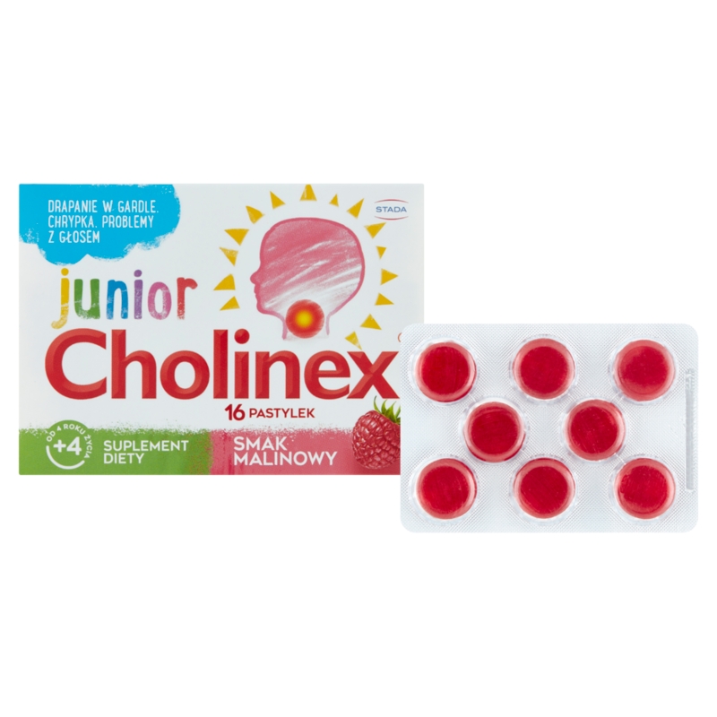 Cholinex Junior, pastylki do ssania ze składnikami na drapanie i suchość gardła dla dzieci o smaku malinowym, 16 szt.