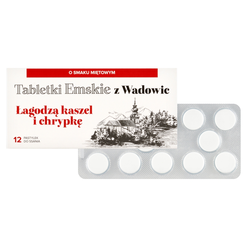 Tabletki Emskie z Wadowic, pastylki do ssania łagodzące kaszel i chrypkę, 12 szt.