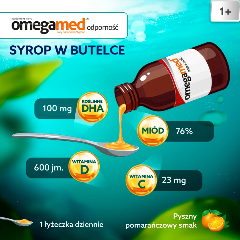 Omegamed Odporność 1+, syrop ze składnikami wspierającymi odporność o smaku pomarańczowym, 140 ml