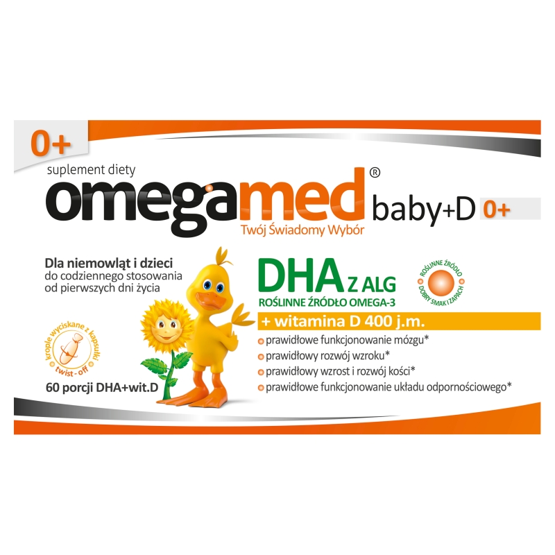 Omegamed Baby+D 0+ kapsułki twist-off ze składnikami uzupełniającymi dietę w kwas DHA i witaminę D, dla niemowląt, 60 szt.