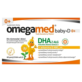 Omegamed Baby+D 0+, kapsułki twist-off ze składnikami uzupełniającymi dietę w kwas DHA i witaminę D, dla niemowląt, 60 szt.