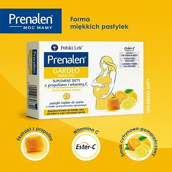 Prenalen Gardło Immuno, pastylki z propolisem i witaminą C o smaku pomarańczowo-cytrynowym dla kobiet w ciąży, 24 szt.