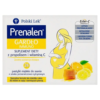 Prenalen Gardło Immuno, pastylki z propolisem i witaminą C o smaku pomarańczowo-cytrynowym dla kobiet w ciąży, 24 szt.