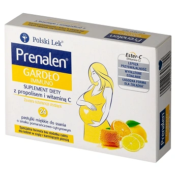 Prenalen Gardło Immuno, pastylki z propolisem i witaminą C o smaku pomarańczowo-cytrynowym dla kobiet w ciąży, 24 szt.