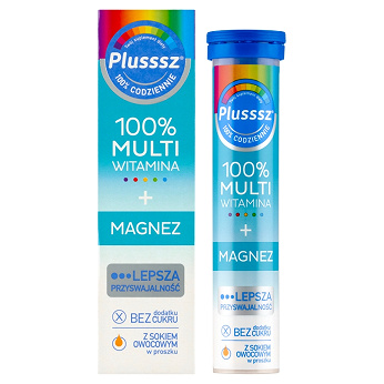 Plusssz 100% Multiwitamina + Magnez, tabletki musujące z witaminami o smaku mango - pomarańcza, 20 szt.