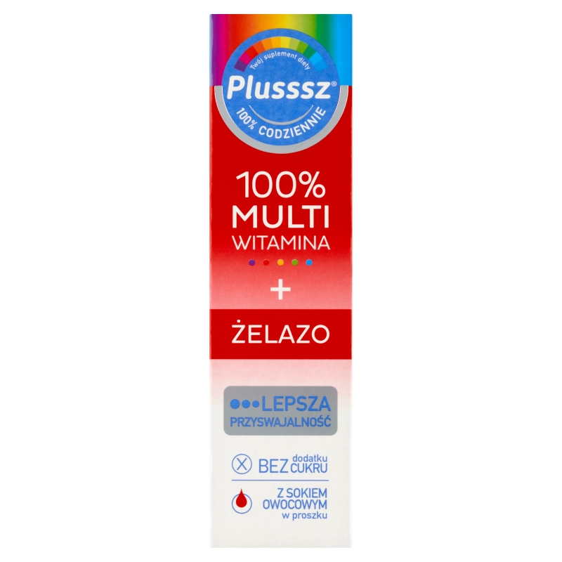 Plusssz 100% Multiwitamina + Żelazo, tabletki musujące z witaminami o smaku wiśniowym, 20 szt.