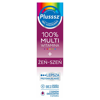 Plusssz 100% Multiwitamina + Żeń-Szeń, tabletki musujące z witaminami o smaku owoców leśnych, 20 szt.
