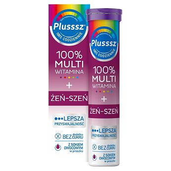 Plusssz 100% Multiwitamina + Żeń-Szeń, tabletki musujące z witaminami o smaku owoców leśnych, 20 szt.