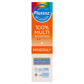 Plusssz 100% Multiwitamina + Minerały, tabletki musujące z witaminami o smaku mango - pomarańcza, 20 szt.