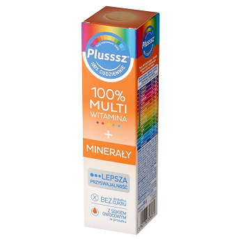 Plusssz 100% Multiwitamina + Minerały, tabletki musujące z witaminami o smaku mango - pomarańcza, 20 szt.