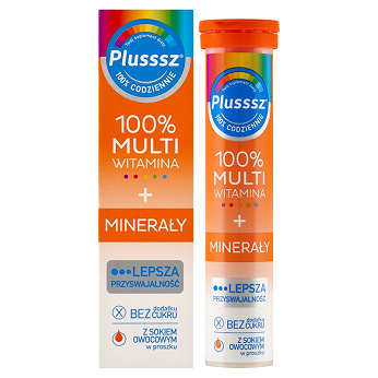 Plusssz 100% Multiwitamina + Minerały, tabletki musujące z witaminami o smaku mango - pomarańcza, 20 szt.