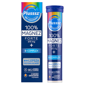 Plusssz 100% Magnez Forte + B-Complex, tabletki musujące z witaminami o smaku pomarańcza - grejpfrut, 20 szt.