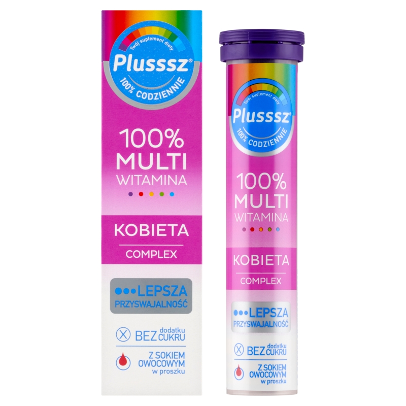 Plusssz 100% Multiwitamina Kobieta Complex, tabletki musujące z witaminami dla kobiet o smaku malina - pomarańcza, 20 szt.