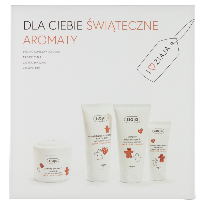 ZIAJA Ziaja Świąteczny Piernikowy, zestaw: peeling cukrowy do ciała -200 ml, mus do ciała- 160 ml, żel pod prysznic- 160 ml, krem do rąk- 50 ml — Składniki i ocena
