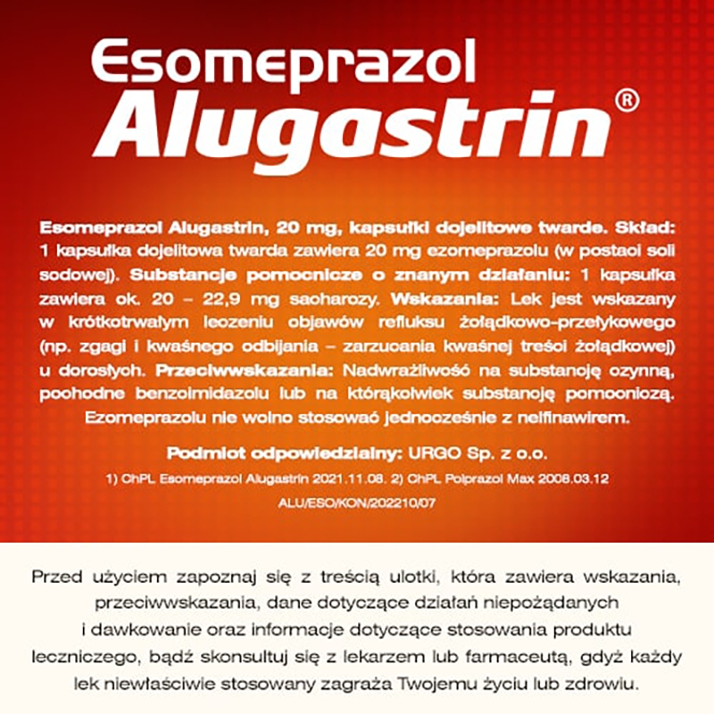Esomeprazol Alugastrin, kapsułki na objawy refluksu, 14 szt.